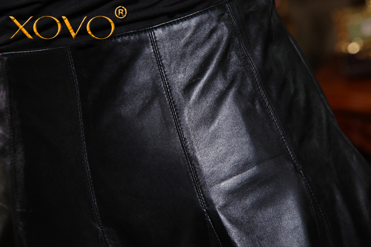 
                                        XOVO2017新款百搭妈妈裙绵羊皮真皮短裙半身裙大摆裙A字裙皮裙百褶裙 黑色 M                