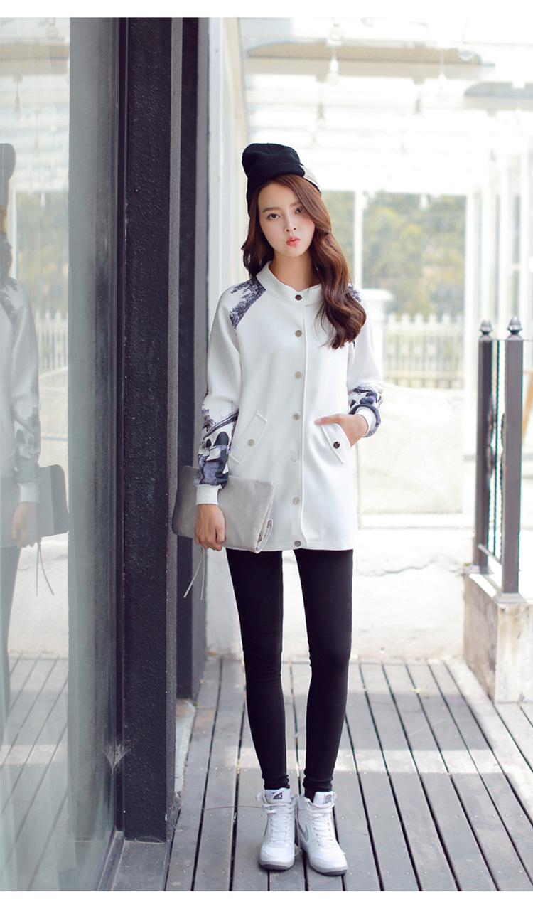 左冉 秋装印花棒球服中长款开衫披肩外套 黑色 xl