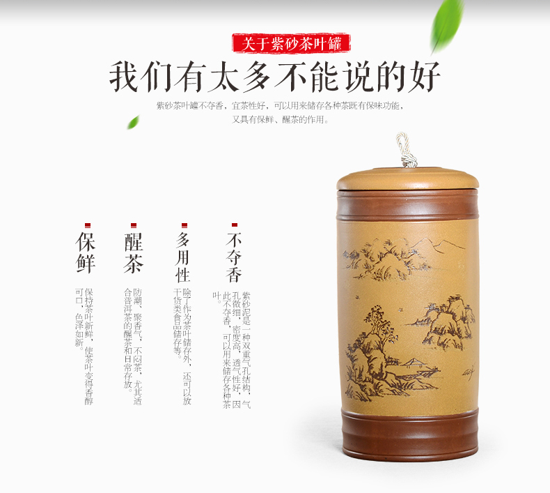 
                                        晨茗 宜兴紫砂茶叶罐大号普洱茶饼罐七子饼密封醒茶罐 直筒山水罐16饼装                