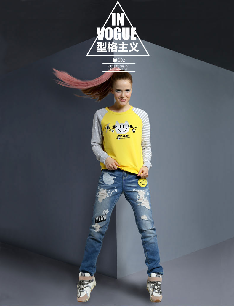 a02新款2016经典哈哈笑图案潮流破洞设计牛仔长裤女  D1Q1B0031PN 牛仔蓝-604 M