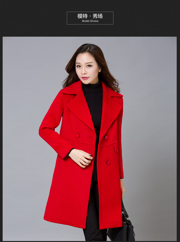 拾上2015秋冬装新款中长款双排扣韩版毛呢大衣外套女 红色 M