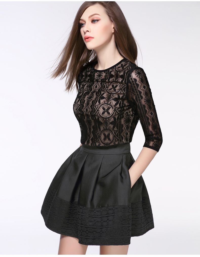 zk2016春装新款蕾丝拼接半身裙 蓬蓬群百褶裙a字短裙女裙子 欧美女装