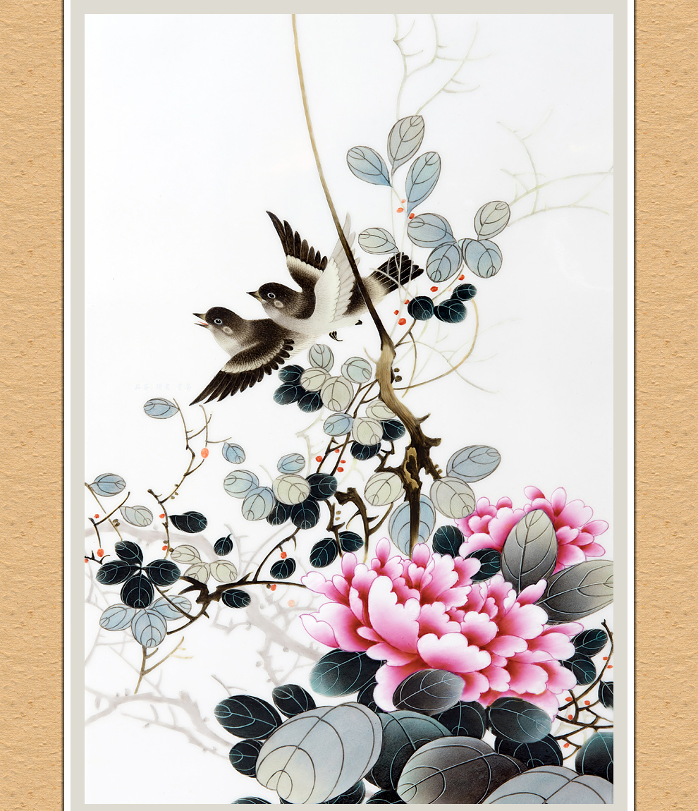 梵窑重器景德镇陶瓷器名家手绘藏品粉彩花鸟瓷板画两情相悦中堂挂画