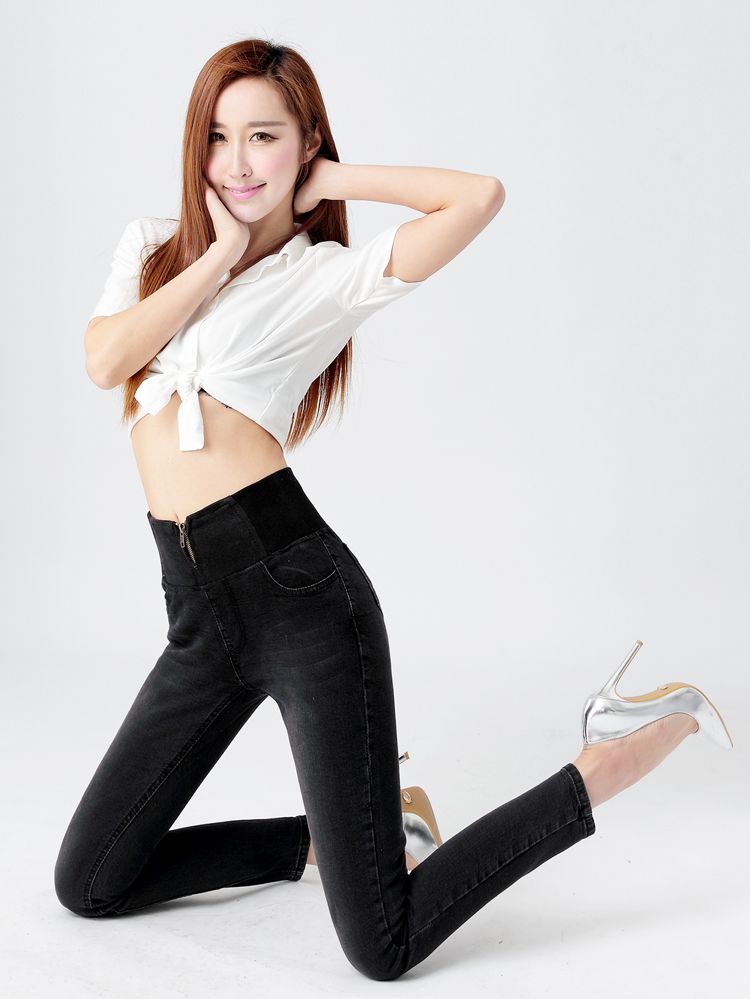 怡蜜蜜  2015秋冬季新款高腰牛仔裤加绒加厚长裤子小脚显瘦铅笔裤大码牛仔裤 蓝色加绒款 M
