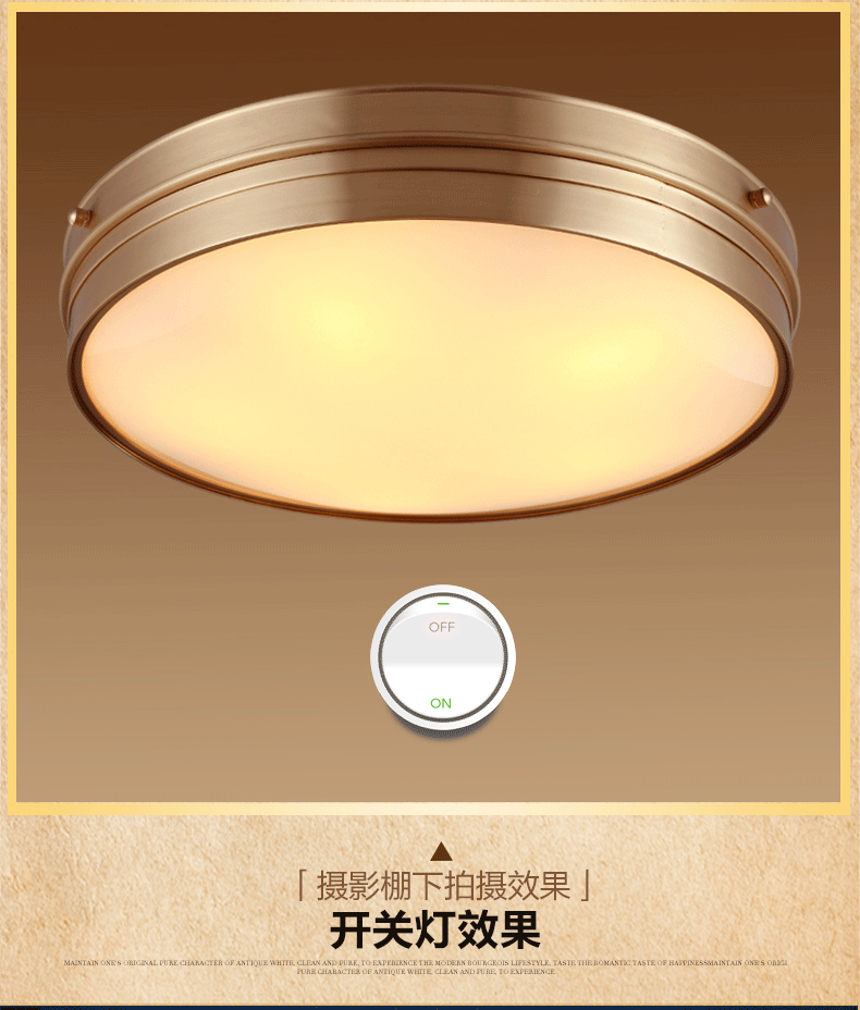 
                                        雄能 美式卧室吸顶灯欧式客厅卧室书房全铜灯现代简约超薄led圆形灯 D 直径30公分                