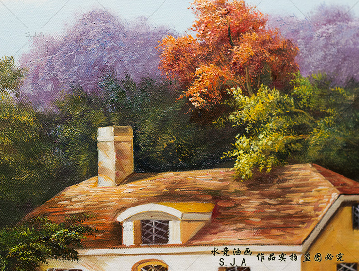 
                                        水竞 欧式山水画 客厅风景横幅油画 豪华仿古金框 豪华框80*140                