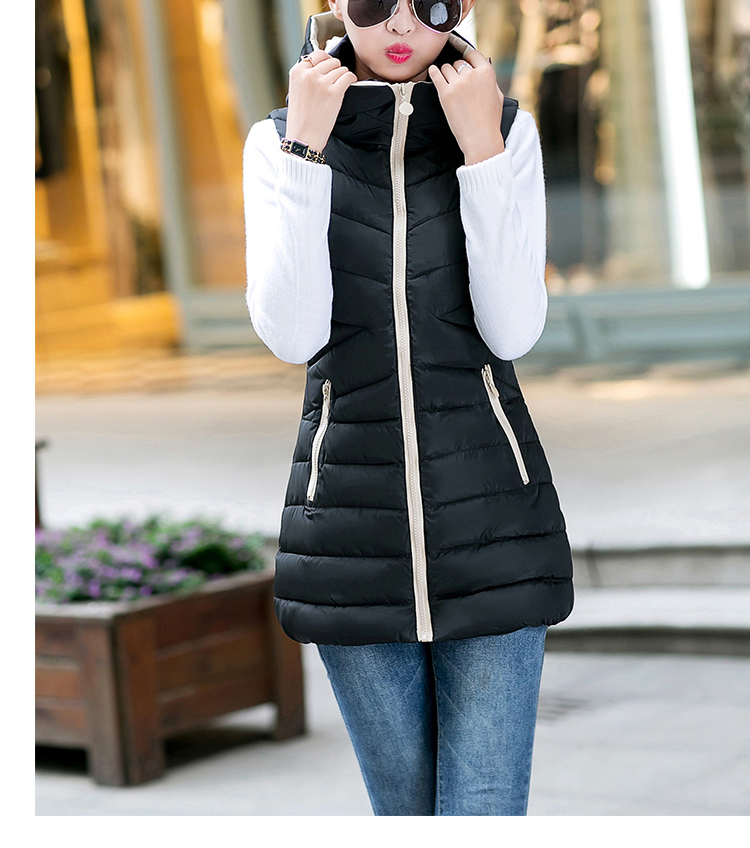 婕诗娅实拍中长款马甲2015秋冬季新款羽绒棉服连帽外套马夹背心女潮 米白色 L