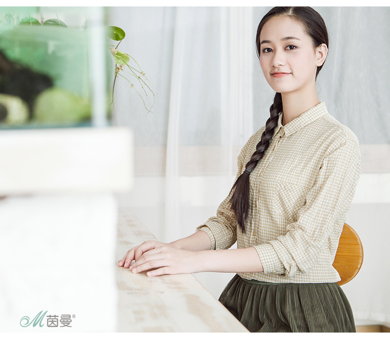 【初冬特惠】茵曼2016秋装新款文艺长袖格子衬衫百搭长袖衬衣女【8530110567】 咖啡-绿 M