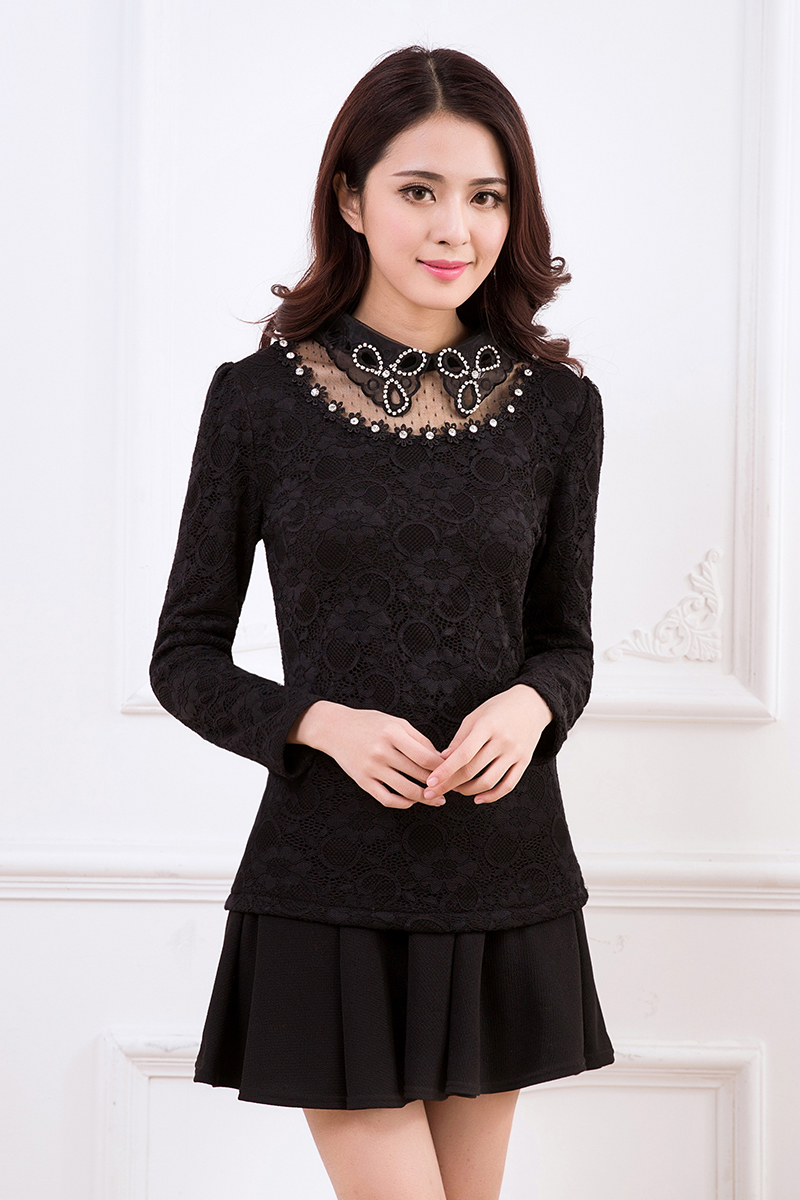 现货实拍冬装加绒蕾丝衫加厚打底衫女韩版修身长袖黑色打底衫6668