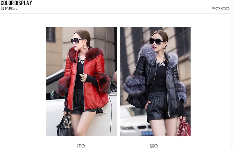欧洲站仿真皮羽绒棉服短款仿真皮皮衣海宁仿狐狸毛仿绵羊仿皮草 黑色 M