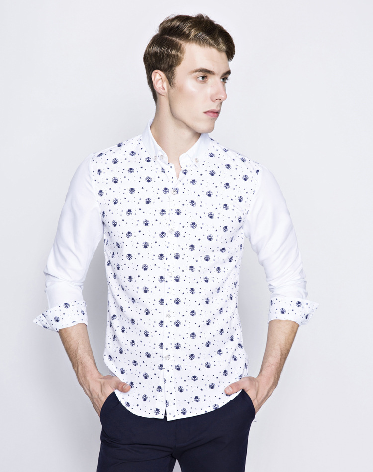 玮誉2015欧美风百搭男士休闲骷髅星星印花长袖衬衫 深蓝色 l