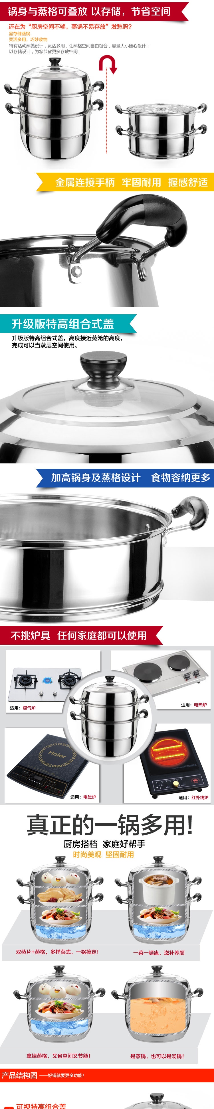 
                                        猛龙 不锈钢复底三层蒸锅36cm加厚蒸笼蒸屉 煤气炉电磁炉通用厨房烹饪锅具                