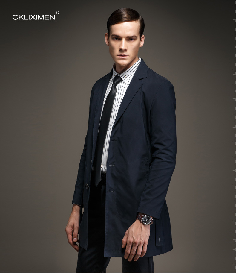 商务休闲风衣中长款西装大衣男士腰带长款西装领上衣正装 藏蓝 xxl