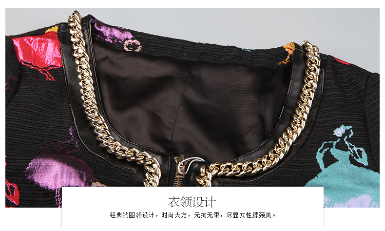 玛玛绨旗下品牌柯枚娅小香风短款外套女欧洲站 春秋装新款圆领修身长袖印花上衣 黑色 M