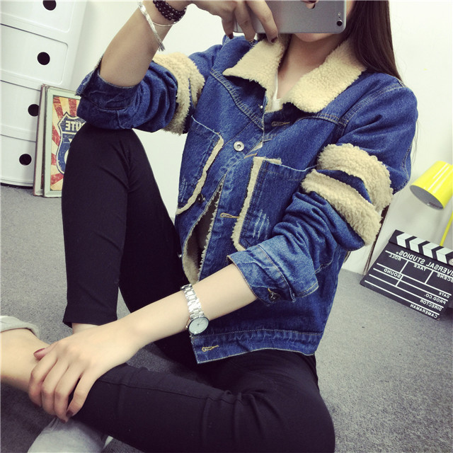 Laconemon 2015秋冬新款牛仔外套女韩版加绒长袖单排扣 蓝色 XL