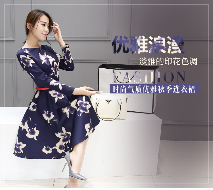 惜筠 2016秋冬季新款女装韩版时尚印花修身显瘦中长款连衣裙X0615 图片色 M