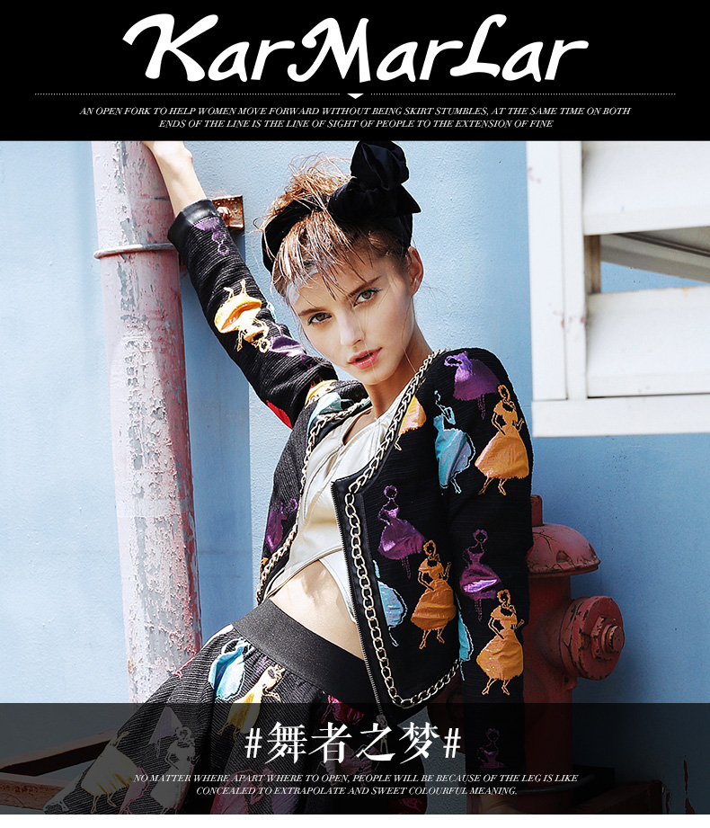 玛玛绨旗下品牌柯枚娅小香风短款外套女欧洲站 春秋装新款圆领修身长袖印花上衣 黑色 M