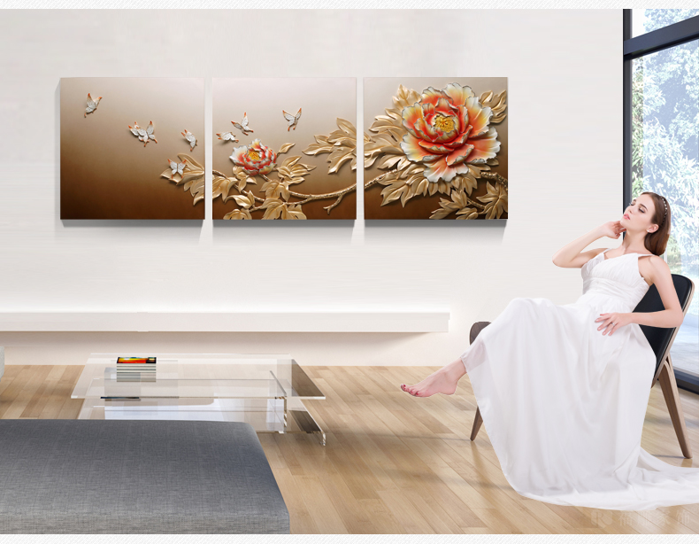 
                                        福雕家饰（RELIFE） 现代简约装饰画客厅沙发背景墙画无框三联挂画3d立体浮雕壁画 牡丹 富贵天香 80cm*80cm*3联                