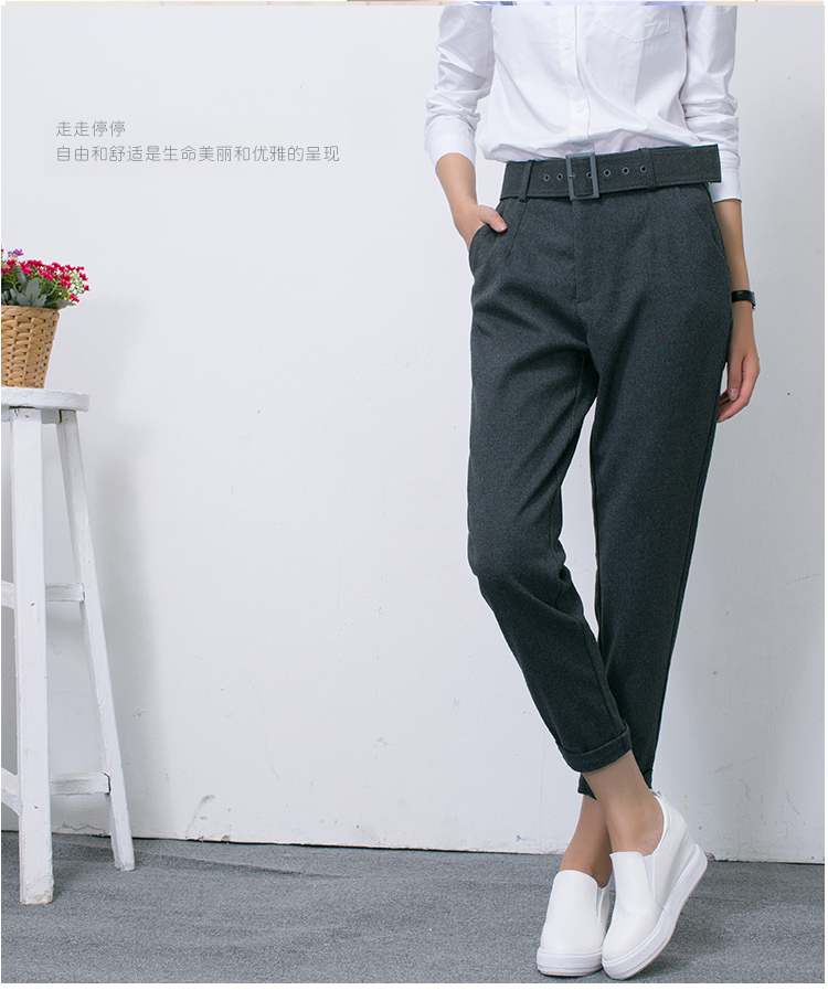 
                                        香蜜姬兰 2015毛呢加厚配腰带西裤纽扣西装裤8309# 黑色 L                