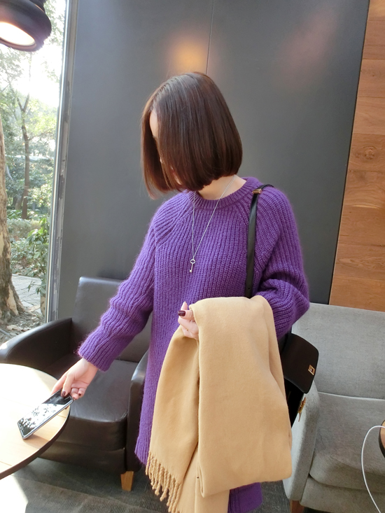 衣与草2016春季女装 针织中长款女套头韩版圆领针织上衣雪纺假 两件连衣裙 黑色 均码