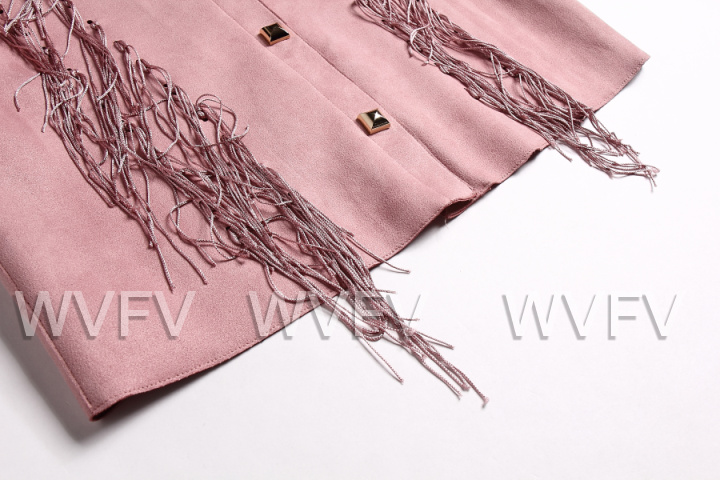 WVFV 2015秋季新品欧美七分袖PU粉色流苏时尚修身气质圆领短外套女 WW70003 粉色 4 M