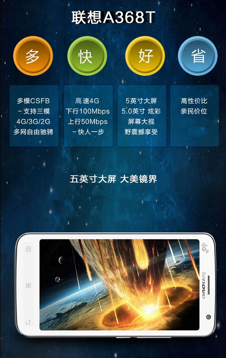 
                                        联想 A368t 移动4G 智能 手机 （4G ROM） 深邃黑                
