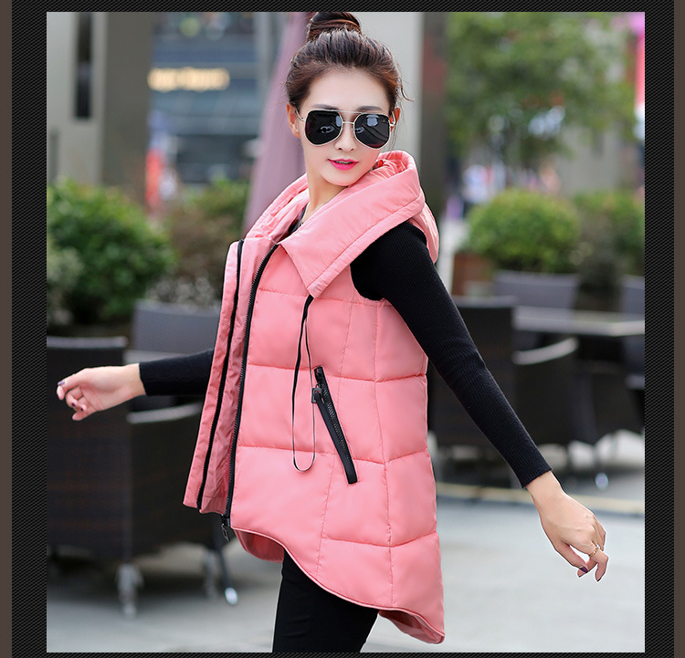 韩文2015秋冬新款羽绒棉服连帽外套马夹中长款背心马甲女潮 黑色 XL