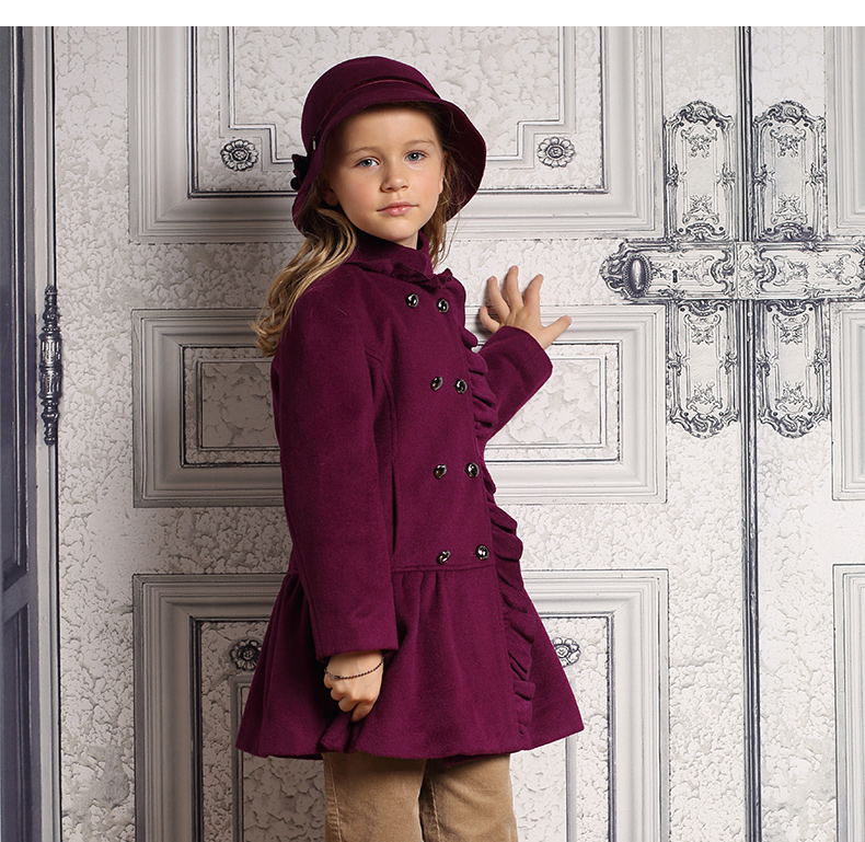 dh/丹尼爱特童装2015秋冬新款女童呢子大衣中长款中大童羊毛外套 紫色