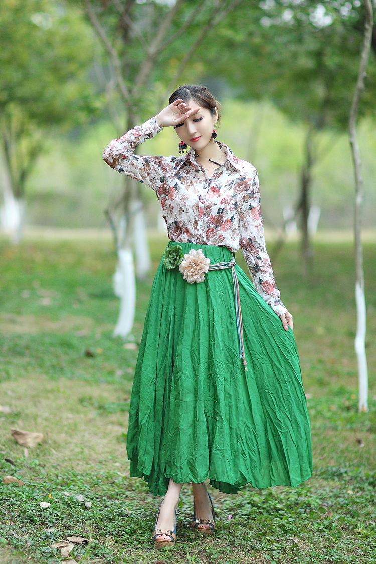 九月女装*2016春夏女装新品小清新6米大摆雪纺沙滩裙纯色林曦 浅绿色