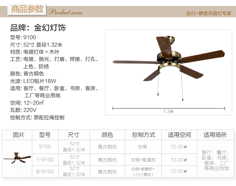 金幻欧式吊扇灯风扇灯具客厅卧室餐厅吊灯饰 青古铜色木质扇叶 52寸18WLED线控版