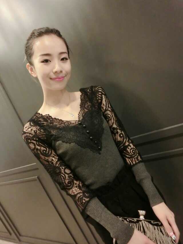 佩丝娜.秋冬款小衫女t恤短款紧身内搭蕾丝打底衫大码针织衫上衣长袖 深灰色 M