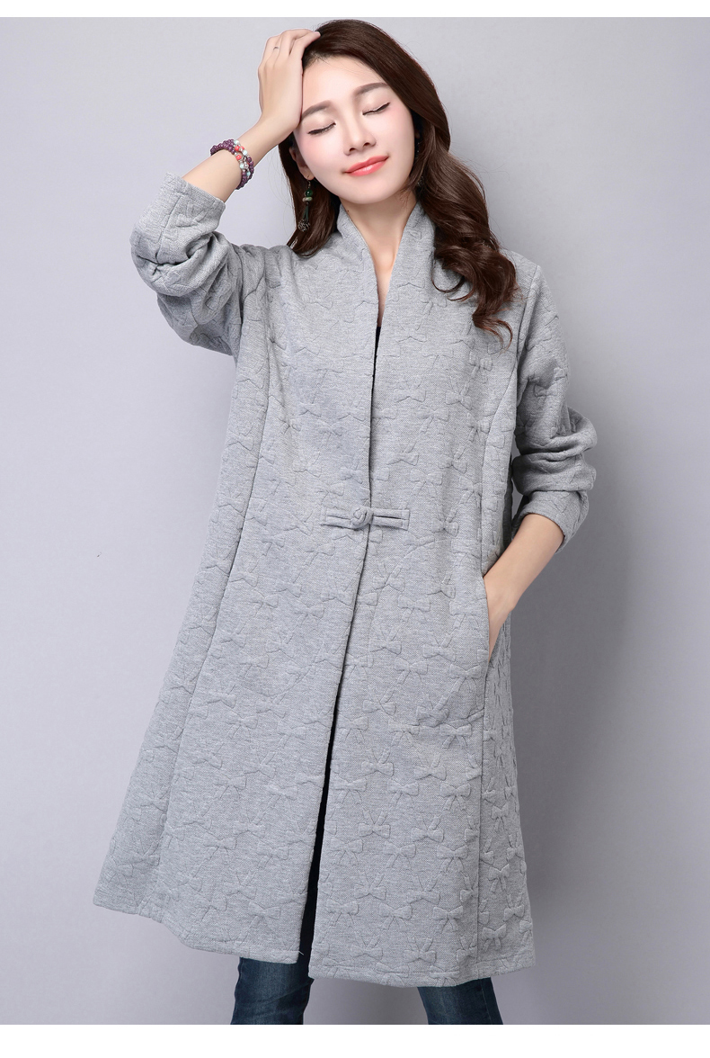 雅玳2015新款文艺范开衫盘扣宽松风衣外套6570 灰色 XL