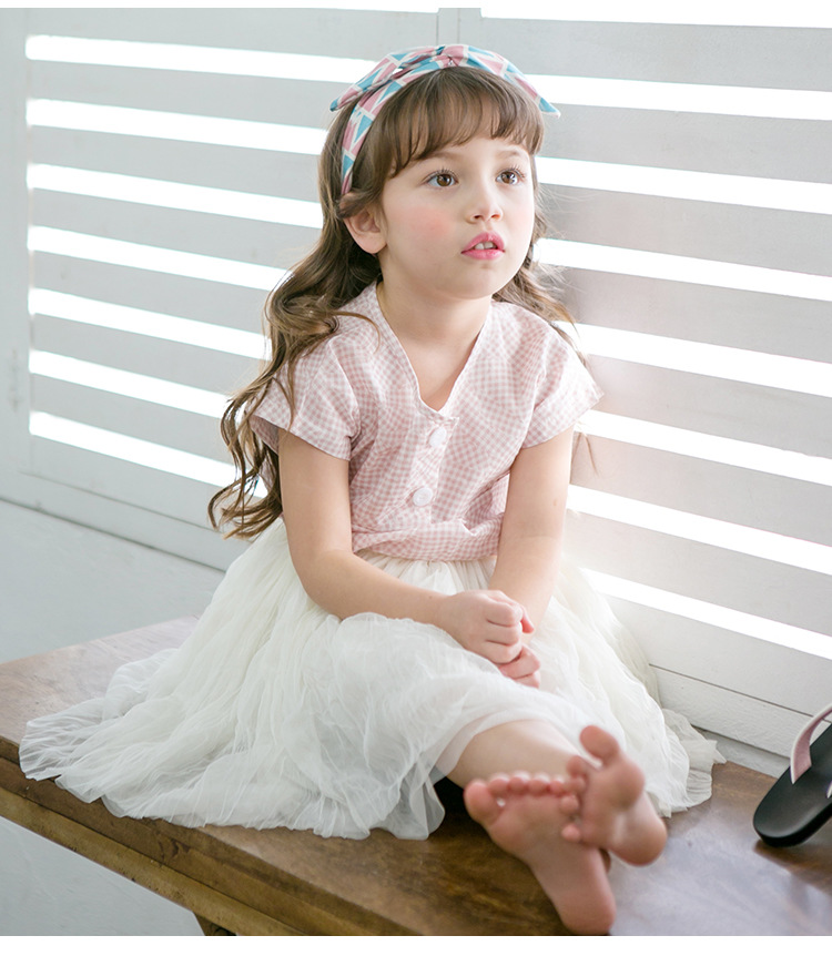 2016夏季新款韩国童装短袖衫韩版百搭纯色格子3-12岁中小女童t恤855