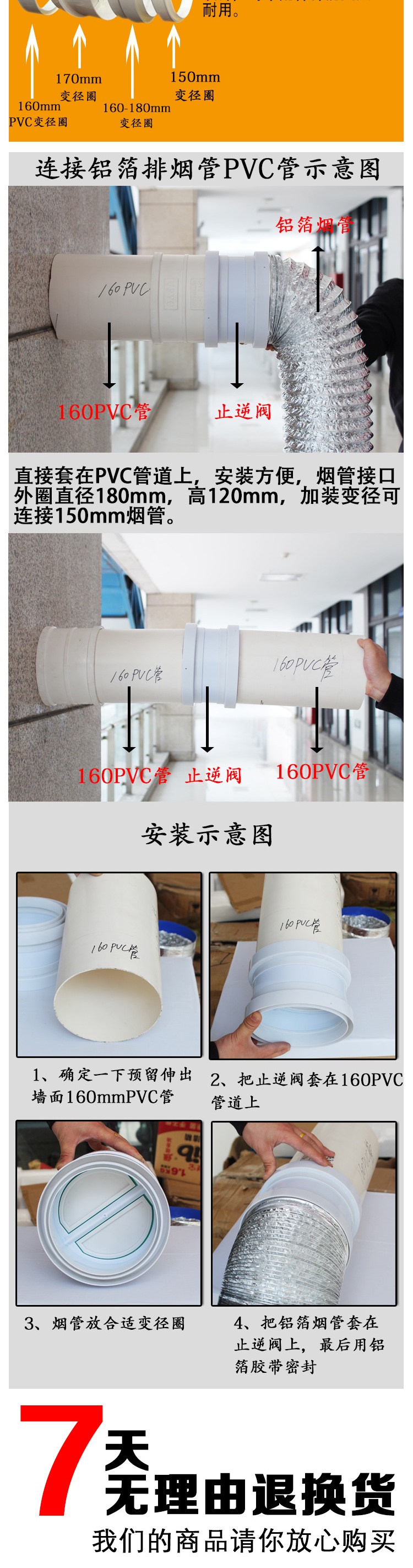 厨房油烟机管道式止回阀接pvc管烟宝串味止逆阀出风口 一头接160pvc管