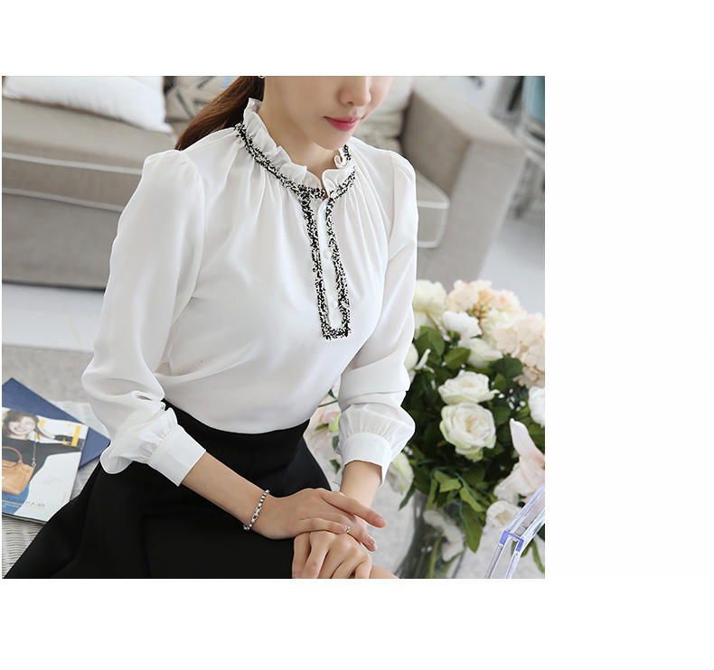 衣盟2016春季新款木耳荷叶边领修身显瘦宽松长袖雪纺衬