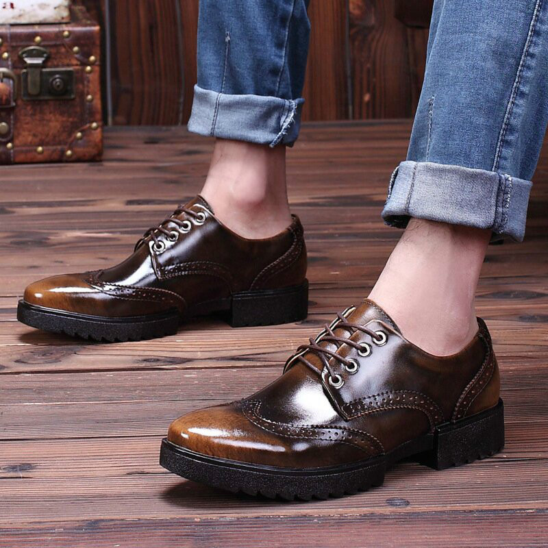 2016新款布洛克雕花男鞋商务休闲鞋男士英伦复古厚底圆头鞋子 酒红 38