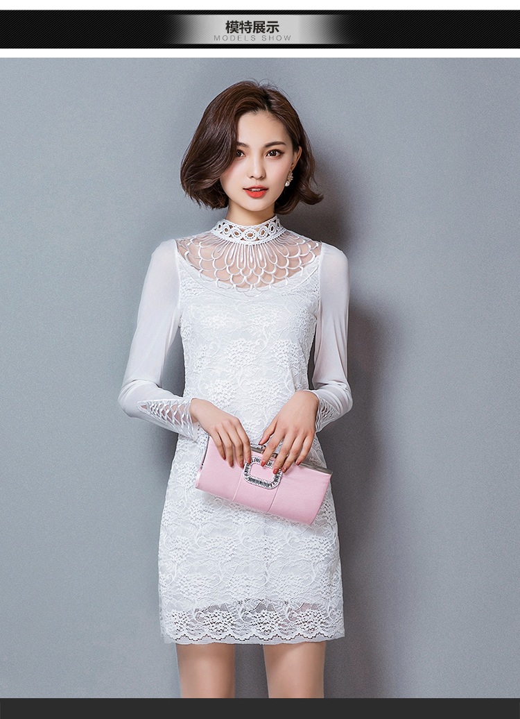棠装2016年新款夏季长袖高领连衣裙 蕾丝打底裙 白色 m