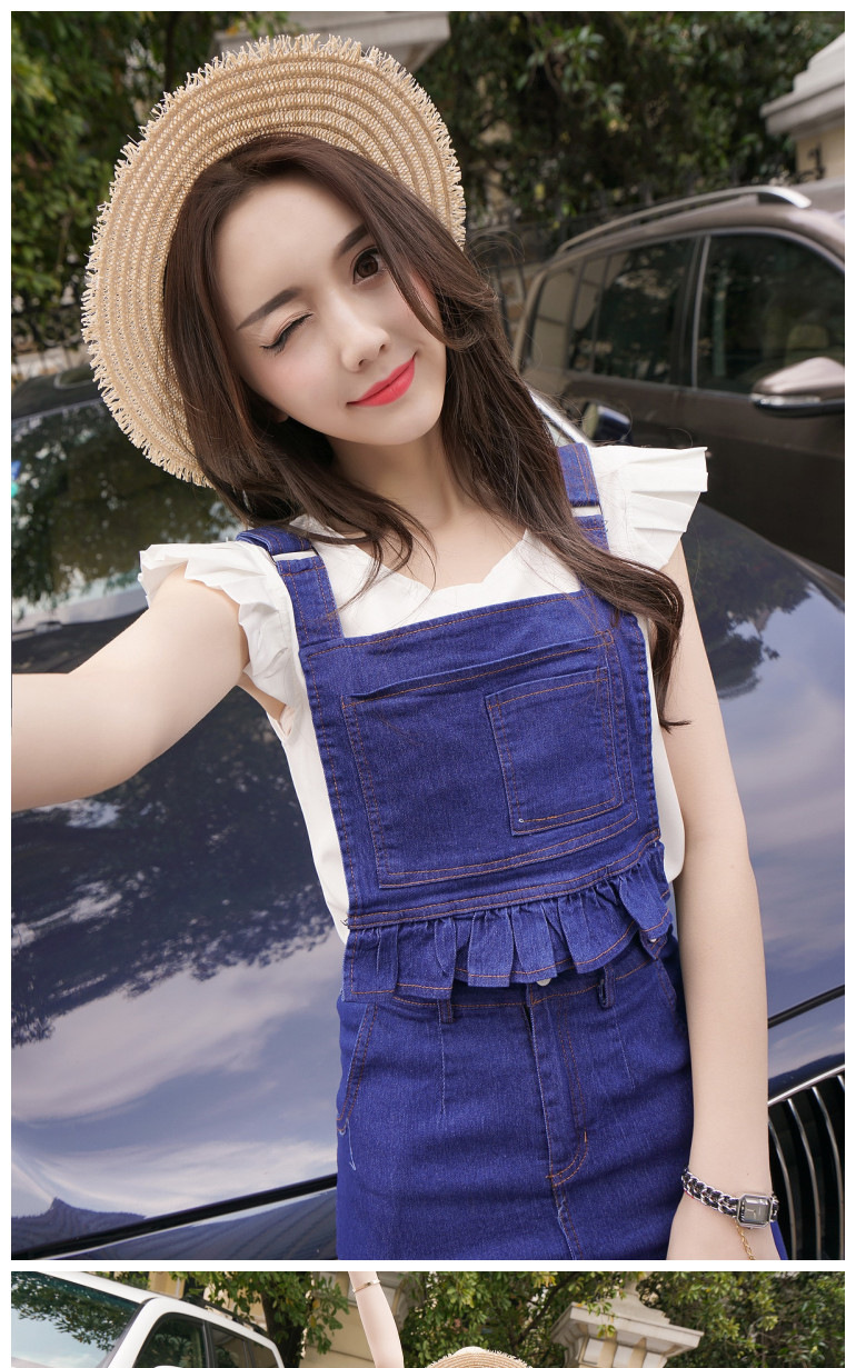 梦拉朵2016夏季新款 时尚牛仔短裙吊带套装 蓝色 均码