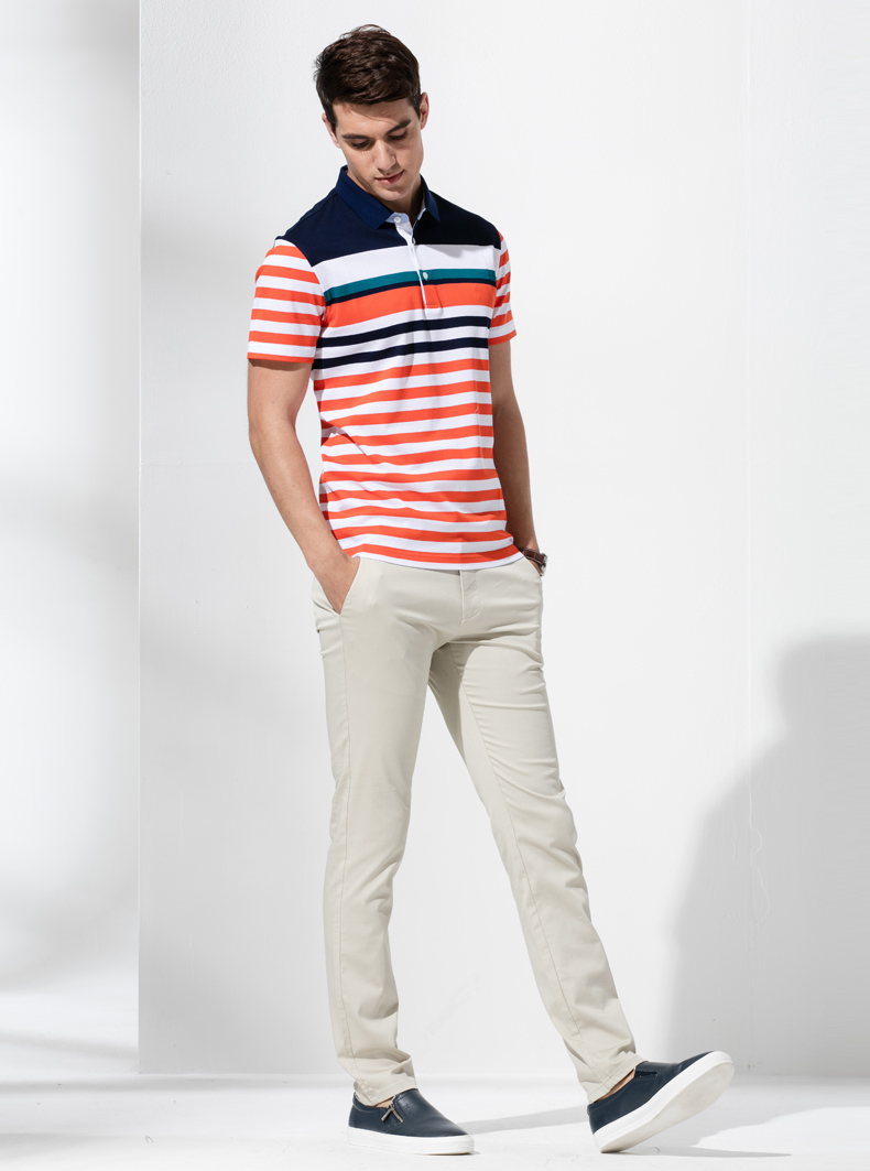 才子男装(tries)短t 男士2016夏季新款撞色拼接时尚条纹休闲短t 桔