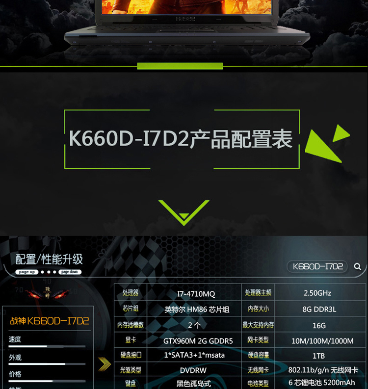 神舟（HASEE） 战神K660D-i7D2 15.6英寸游戏笔记本电脑(i7-4710MQ 8G 1TB GTX960M 2G独显 1080P)黑色
