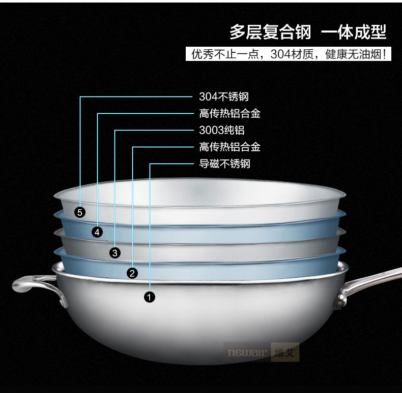 
                                        维艾炒锅不粘锅无油烟无涂层304不锈钢炒菜锅具电磁炉适用32cm                