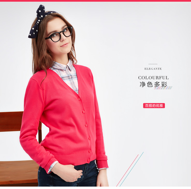 班尼路/Baleno女装 甜美V领开衫针织衫长袖 学院风薄款修身毛衣女 纯黑 M