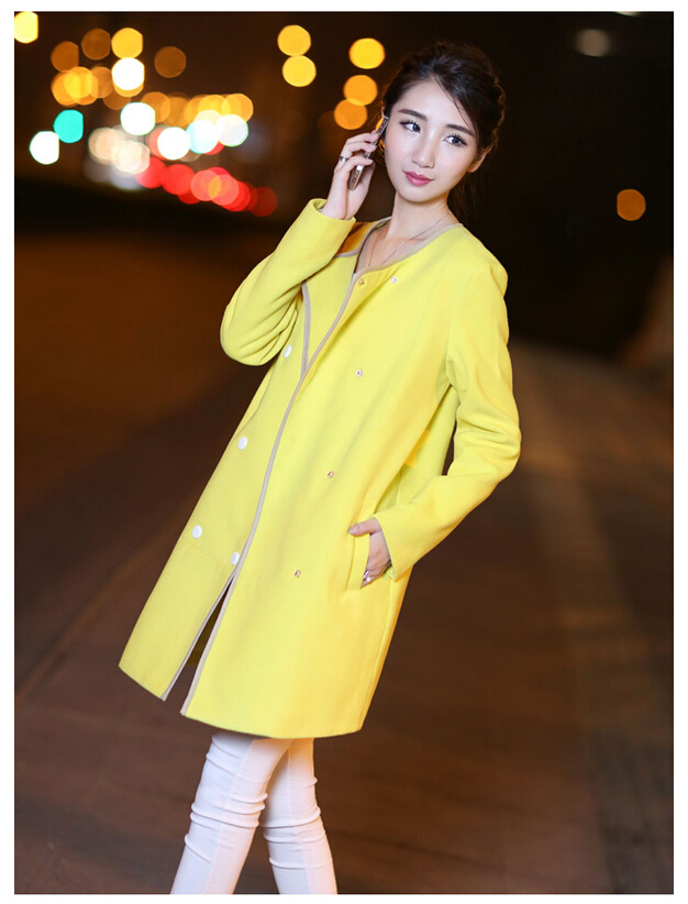 婕芙兰 2015秋装新款韩版中长款呢子风衣外套 5375 明黄色 XL