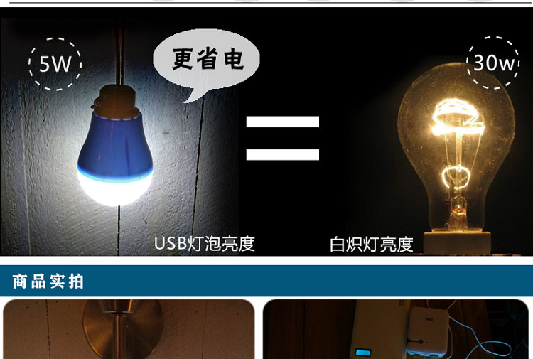 比月 led灯泡E27螺口4W暖光超亮球泡灯USB照明户外野营光源带线插头声控小夜灯 珍珠紫