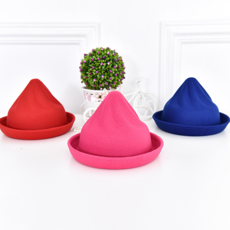 韩版秋冬新款女士可爱尖尖毛呢礼帽潮流卷边尖帽豆丁巫女帽子 红色