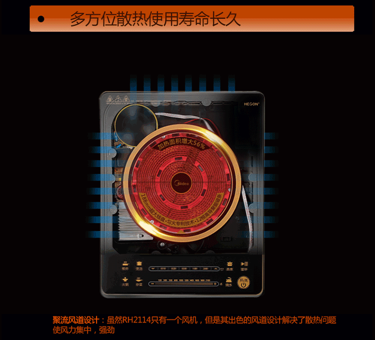 美的（Midea）电磁炉 RH2114 高性能匀火纤薄双滑控触屏（赠品质炒锅+欧式汤锅） 黑色