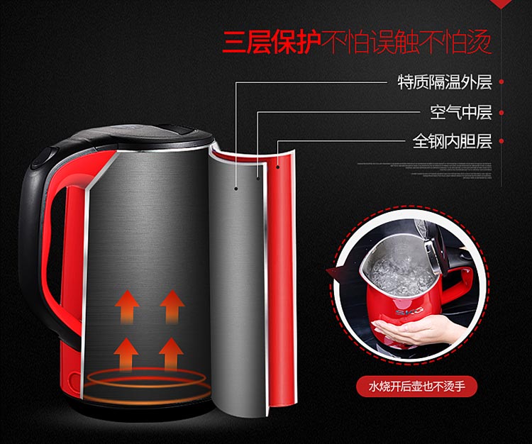 
                                        SKG电水壶1.7L304不锈钢电热水壶无缝内胆三层防烫三段保温水壶8041尊贵红                