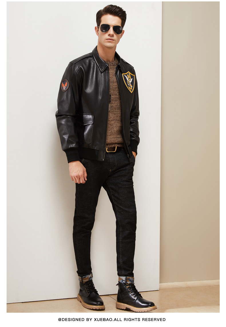 雪豹皮衣男士牛皮潮款修身短款翻领薄外套2019秋冬新款空军服拉链单皮