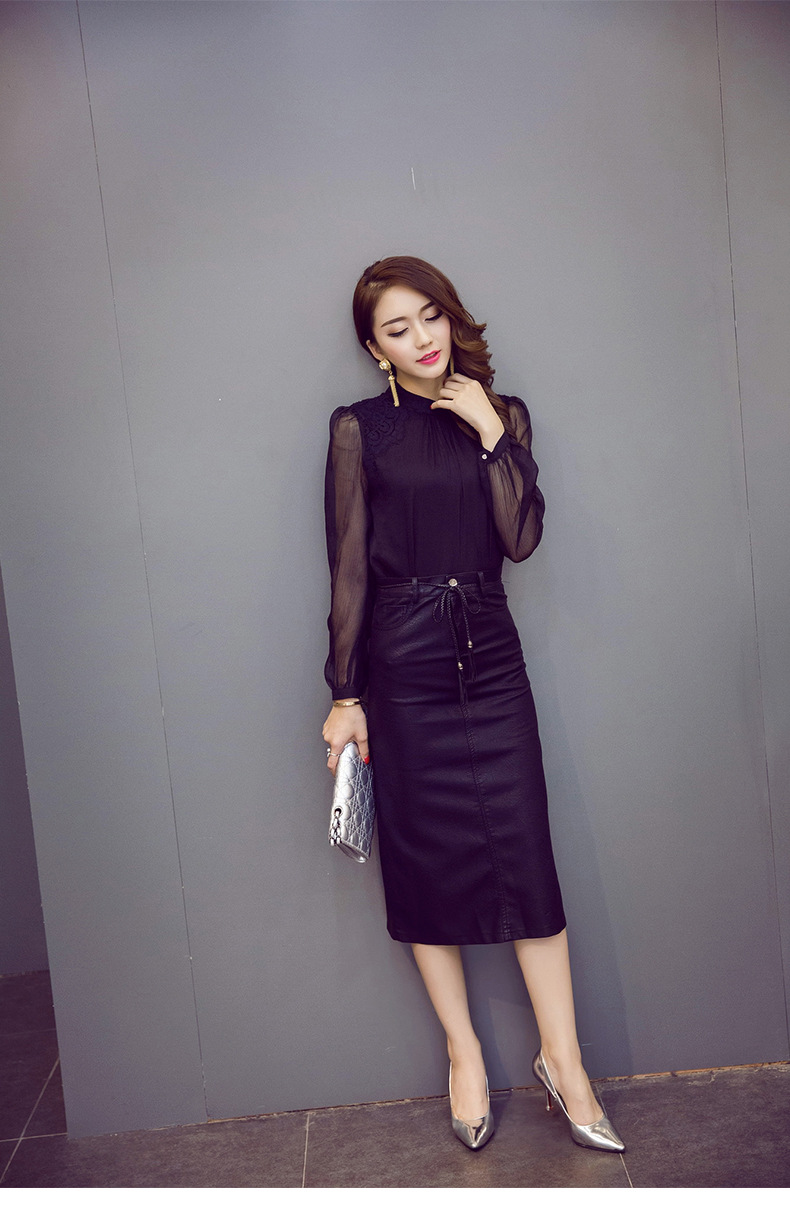 贝梵诗2015中长款过膝半身裙高腰pu修身后开叉一步裙3186 黑色 m