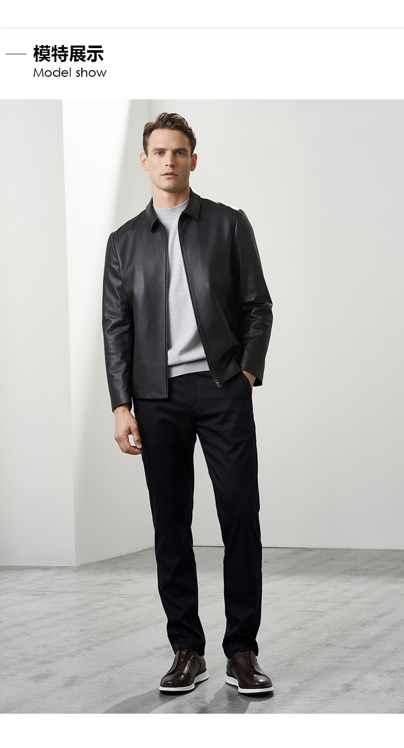 威可多vicutu商场同款男士皮衣绵羊皮商务时尚黑色翻领皮夹克vbw